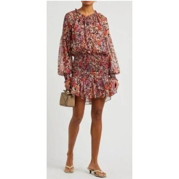Misa Celina Red Fire Flora Sheer Long Sleeve Smocked Mini Dress NEW Medium - Picture 1 of 14